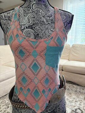 Vintage Revamped Nellie Pink Tank Top with Teal Geometric Print